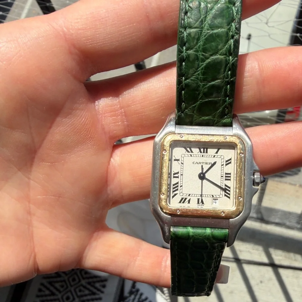 Cartier Two-Tone Square Watch with Green Leather Strap
